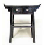 CONSOLE TABLE, Chinese lacquered with two frieze drawers and silvered metal handles, 78cm x 38cm x