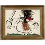 PABLO PICASSO, Woman on horseback, off set lithograph, suite: Toros, French vintage frame, 27cm x
