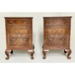 BEDSIDE/LAMP TABLES, a pair, Queen Anne style burr walnut each with drawer, slide and door, 44cm W x