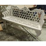 A VICTORIAN 'CARRON' WHITE CAST IRON BENCH, circa 1860, Rococo revival style, scrolled arms and