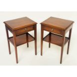 LAMP TABLES, a pair, Georgian style mahogany and crossbanded each with drawer and undertier, 40cm