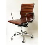 REVOLVING DESK CHAIR, Charles and Ray Eames inspired with ribbed tan leather seat revolving and