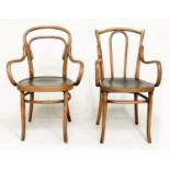 THONET ARMCHAIRS, two period bentwood with stamped seats, 61cm W and 51cm W. (2)