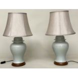 TABLE LAMPS, a pair, Chinese Duch Egg blue ceramic of ginger jar form with silk style shades, 65cm