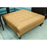 OTTOMAN, 103cm x 100cm x 40cm, buttoned tan finish, on tapering block supports.