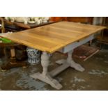 DRAWLEAF TABLE, 75cm H x 90cm W x 92cm D, 150cm extended, Jacobean style oak with grey painted base.