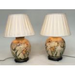 'TULIP' TABLE LAMPS, a pair, Chinese ceramic vase form with tulip decoration and pleated shades,