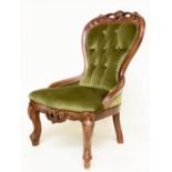 SLIPPER CHAIR, Victorian style mahogany with buttoned green velvet upholstery.