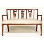 HALL BENCH, George III design mahogany with pierced triple splat back and brass studded linen