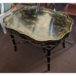 BLACK JAPANNED TRAY 78cm W x 50cm H x 59cm D Victorian papier mâché shaped with gilt and painted