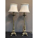 A PAIR OF BRASS TABLE LAMPS, Empire style, triform scrolled decoration, acanthus, scrolled column,