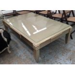 LOW TABLE, 145cm W x 45cm H x 97cm D with a rectangular glass top.