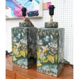 AESTHETIC STYLE TABLE LAMPS, pair, in the form of square lidded ginger jars, depicting parrots