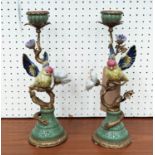 BUDGIE FIGURAL CANDLE STICKS, pair, ceramic bodies with bronzed metal branch stems hand painted,