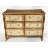 CHEST, faux bamboo framed and woven cane panelled with six short drawers, 120cm W x 51cm D x 91cm H.
