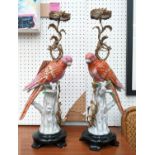 PARROT FIGURAL CANDLESTICKS, pair, hand painted ceramic bodies, gilt metal stems and branch