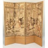 'TAPESTRY SCREEN', early 20th century French four fold depicting courtly scene, 180cm x 47cm.