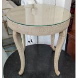 OCCASIONAL TABLE, 56cm diam x 59cm H in a speckled finish with a circular glass top.
