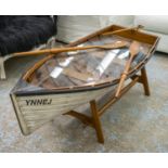 BOAT LOW TABLE, 50cm H x 143cm W x 58cm D, painted wood modelled as a rowing boat on stand with