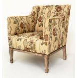 ARMCHAIR, Edwardian style tapestry weave fabric upholstery, with square arms and tapering