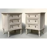 BEDSIDE CHESTS, a pair, French Louis XVI style traditionally grey painted each with three drawers,