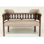 HALL BENCH, early 20th century linen upholstered with Moorish style pierced fretwork back, 107cm W.