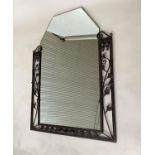 ART DECO WALL MIRROR, French bevelled tapering mirror within a wrought iron foliate and Vitruvian