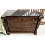 19TH CENTURY EMPIRE STYLE MAHOGANY AND EBONISED COMMODE, later black marble top, three drawers, side