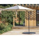 CANTILEVERED GARDEN PARASOL, neutral fabric, includes base, 300cm x 245cm H x 300cm.