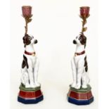 'DOG' CANDLESTICKS, a pair, Continental style painted porcelain and gilt metal mounted, 35cm H. (2)