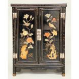 CHINESE SIDE CABINET, black lacquered and gilt and polychrome Chinoiserie decorated with two doors