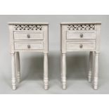 BEDSIDE CHESTS/TABLES, a pair, French style grey painted each with pierced frieze and two drawers,