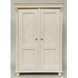 ARMOIRE, 19th century French, traditionally grey painted with two panelled doors enclosing hanging