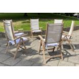 GARDEN ARMCHAIRS BY NEPTUNE, a set of six canvas folding and teak framed. (6)