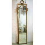 PIER MIRROR, 214cm H x 58cm W, late 19th century giltwood and gesso with cherub and wreath