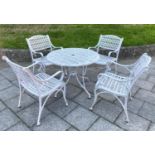 GARDEN TABLE AND CHAIRS, painted cast aluminium lattice work with circular table and four armchairs,