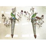 FIGURAL CERAMIC WALL SCONCES, pair, parrot surmounts, hand painted, bronzed finished branches and