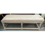 HALL SEAT, 150cm x 48cm x 54cm, French Provincial style, grey painted, caned top, with cushion.