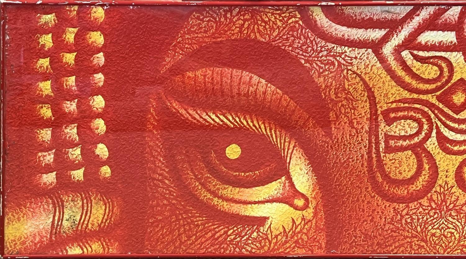 20TH CENTURY INDIAN SCHOOL 'Eyes of Ganesh', oil on paper, 190cm x 55cm, framed. - Bild 3 aus 3