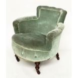 TUB ARMCHAIR, Victorian mahogany with moss green velvet upholstery and turned front supports,