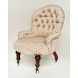ARMCHAIR, Victorian tub form with lattice woven silk buttoned upholstery and turned front