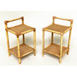 BAMBOO LAMP TABLES, a pair, bamboo framed each with two wicker panelled shelves, 64cm H x 36cm W x