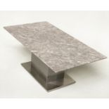 LOW TABLE, rectangular variegated grey/white marble raised upon a steel base, 110cm x 42cm H x 60cm.