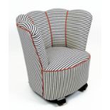 TUB CHAIR, 74cm H x 74cm W, Art Deco in ticking and orange piping.