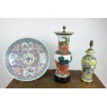 LAMPS, two, Chinese polychrome decorated along with a large famille rose charger, lamp 55cm H,