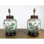 LAMPS, a pair, Chinese famille verte ginger jars, with wooden lid and stand, 40cm H. (2)