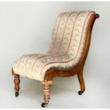 SLIPPER CHAIR, Victorian walnut with woven stripe upholstery and turned front supports, 48cm W.