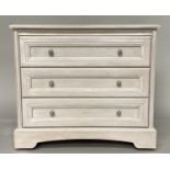 COMMODE, French style grey painted with three long drawers, 44cm D x 82cm W x 74cm H.