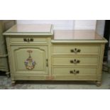 SIDE CABINET, 83CM H x 134cm W x 54cm D, fabric lined and glass covered top above four drawers and