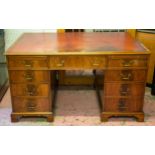 PEDESTAL DESK, 75cm H x 138cm W x 92cm D, 20th century mahogany with red leather top above two